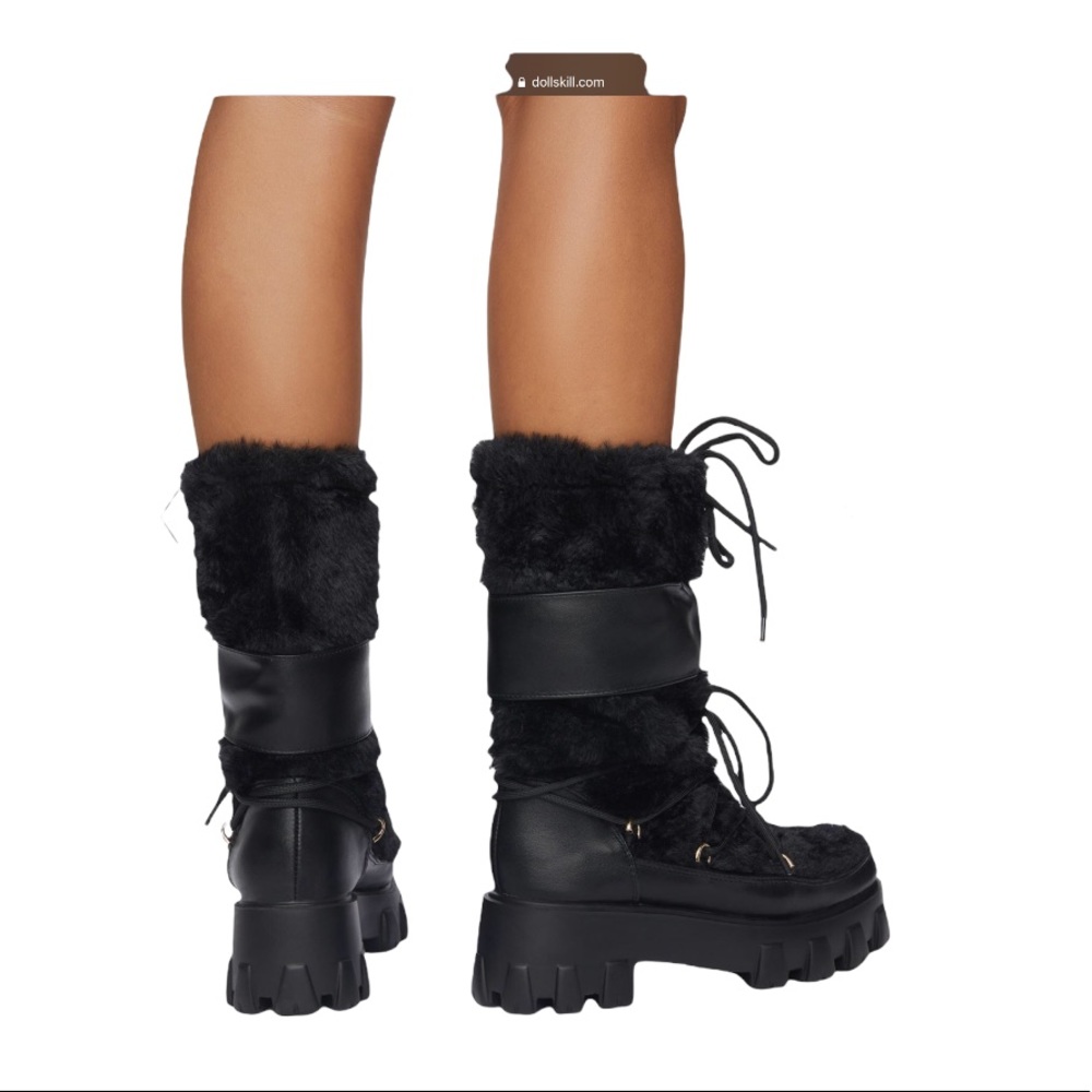 Teyanna Black Vegan Leather Furry Combat Boots - Picture 3 of 5